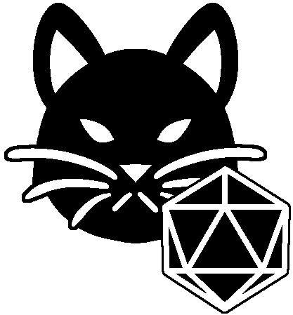 A black and white drawing of a cat head with a d20 in front of it.